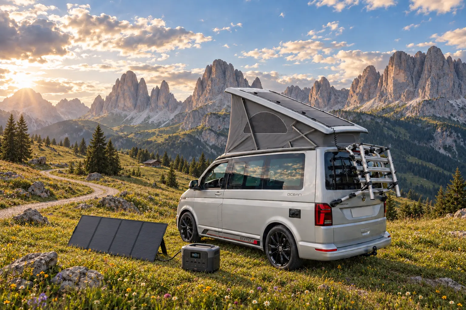 Volkswagen California dans les montagnes avec station d’énergie portable et panneau solaire
